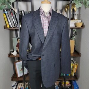 Stafford Essentials Men's Sport Coat Blazer Two Button Navy Houndstooth Wool 46L
